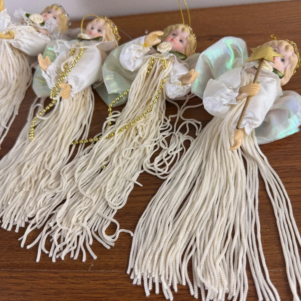 Vintage Set of 4 Porcelain Head Angel Christmas Ornaments White Tassel Star